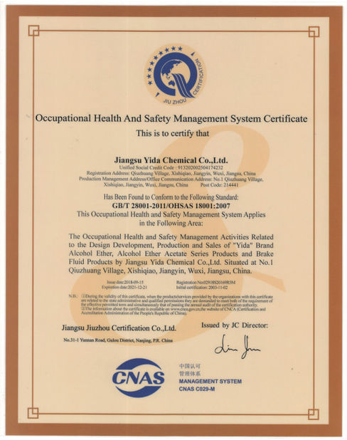 Porcellana Jiangsu Yida Chemical Co., Ltd. Certificazioni